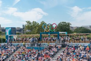 A large crowd of people at a sporting event